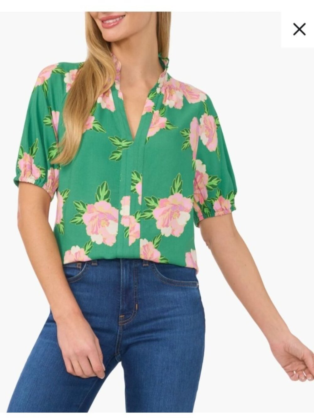 CeCe Top Sz Medium Green Pink Floral Ruffle Neck Puff Sleeve Blouse NWT